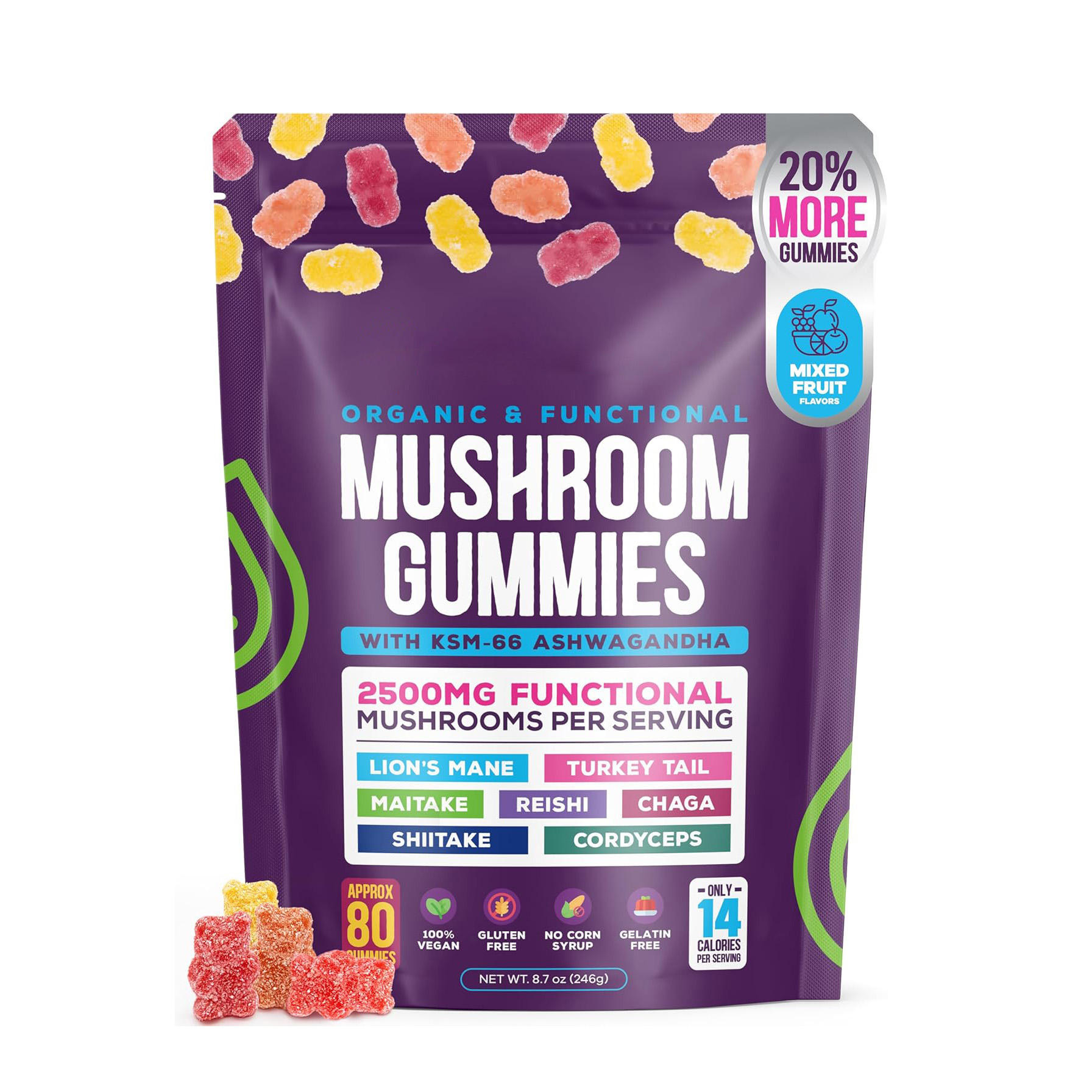 Mushroom Gummies,Organic Mushroom Gummies With Ashwagandha Cordyceps Lion's Mane Mushroom Herbal