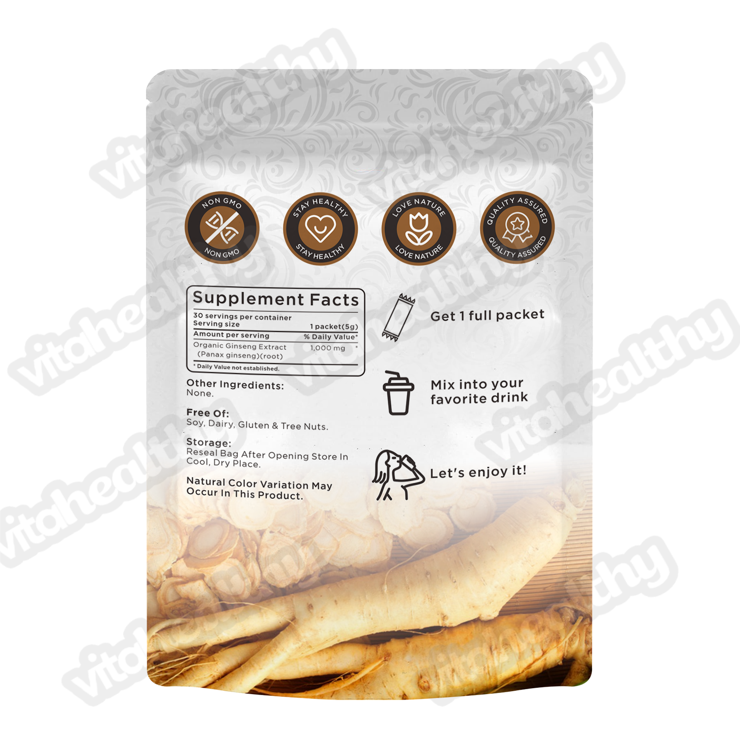 Vitahealthy OEM/ODM Organic Ginseng Powder with 100 % Original Ginseng Extract Raw Ingredients Herbal Supplement for Women