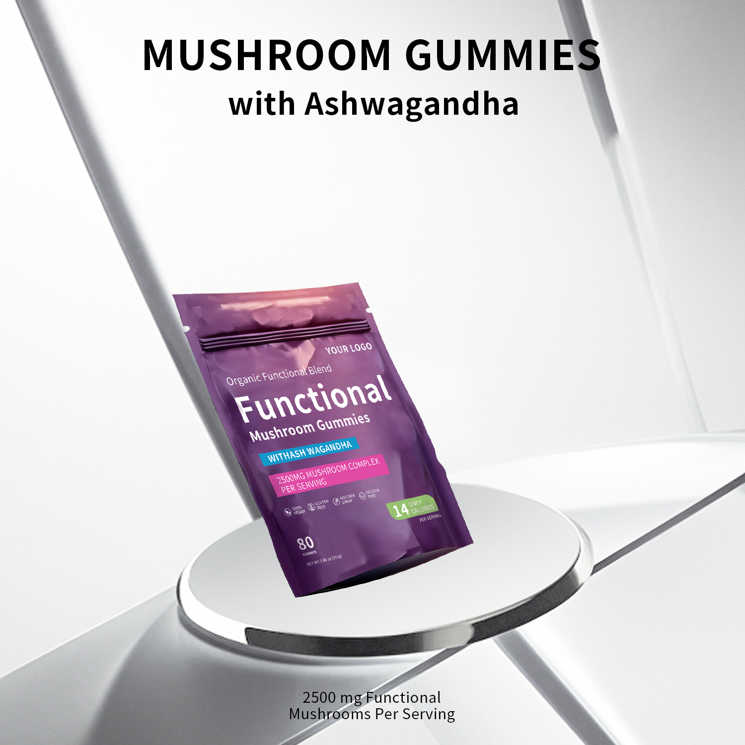 2500mg Functional Blend Mushroom Gummies Ashwagandha Custom OEM Branding Antioxidant Beauty Gluten-Free Immune Support Energy