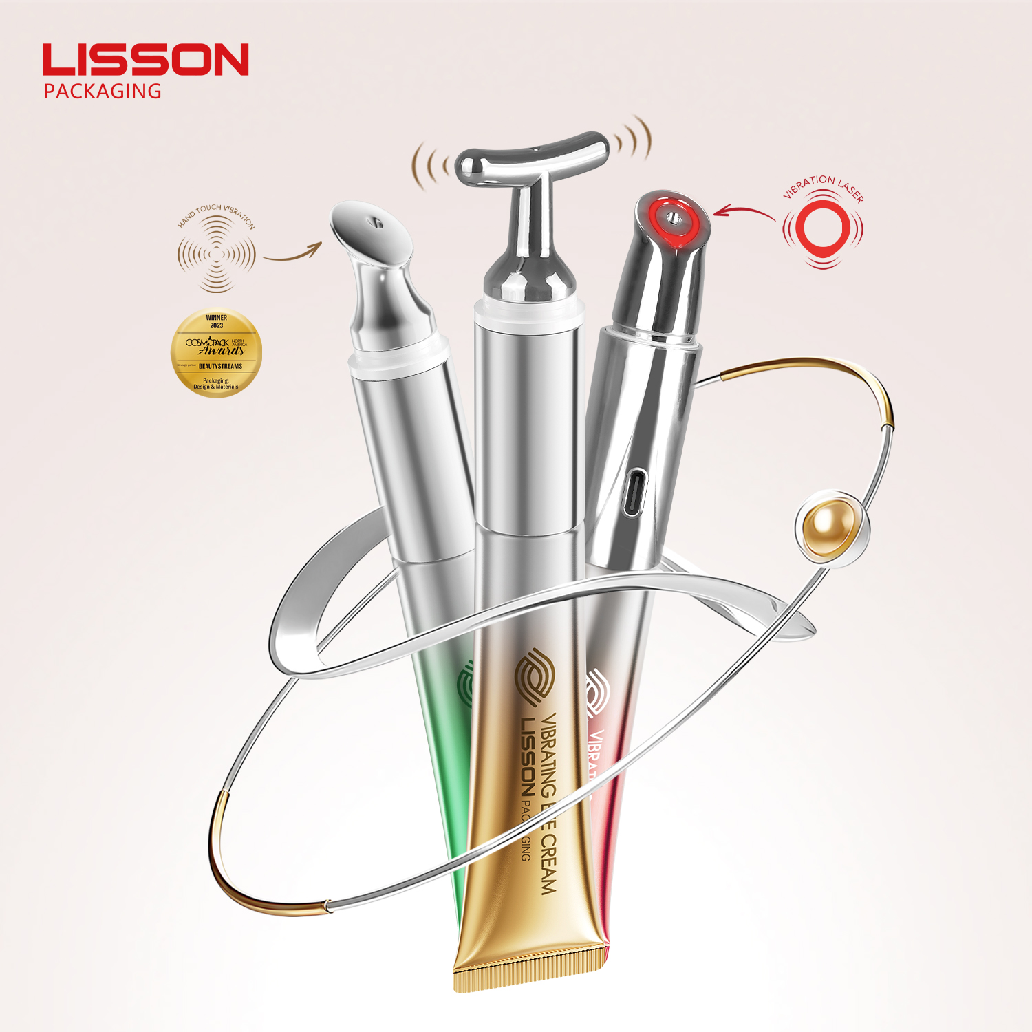 LISSON Custom Vibrating Eye Cream Massage Serum Tube T Shape Zinc Alloy Applicator Vibration Tube Packaging