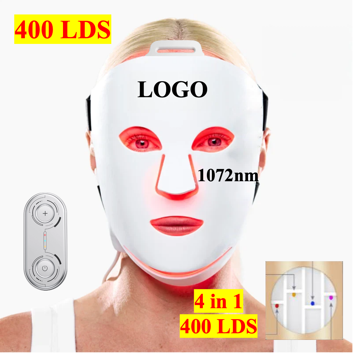 AQSHE M2 Mask 400LEDS 5 Wavelength 460 590 633 830 1072nm Led Face Infra Red Light Therapy for 4 Chips Facial Mask Device Spa
