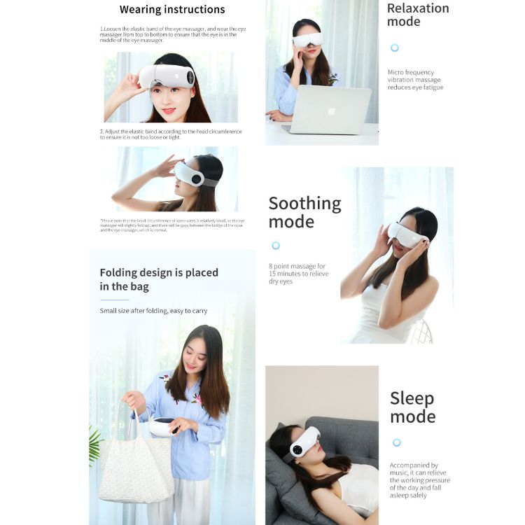 Portable Eye Massager 3D Airbag Kneading Graphene Heat 5 Modes Bluetooth Music Foldable USB Rechargeable 1200mAh LED Display