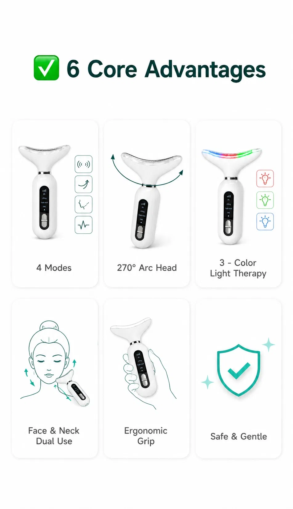 Portable EMS Neck Lifting Massager Dark Green 3 Color Light Therapy Skin Tightening Beauty Device