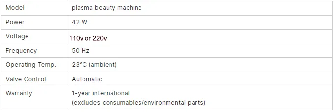 Cold Plasma Product Parameters Table