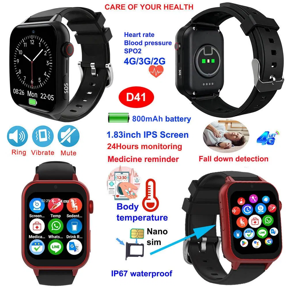 Beauty design China manufacture 4G IP67 waterproof elderly smart tracker GPS watch device with HR BP SOS call fall detection D41