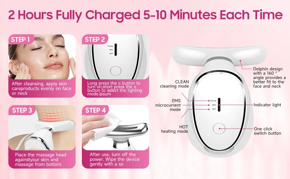 Red Light Therapy for Face 160° Curve Massege Head EMC Microcurrent Lightweight Portable Electric Beauty Device