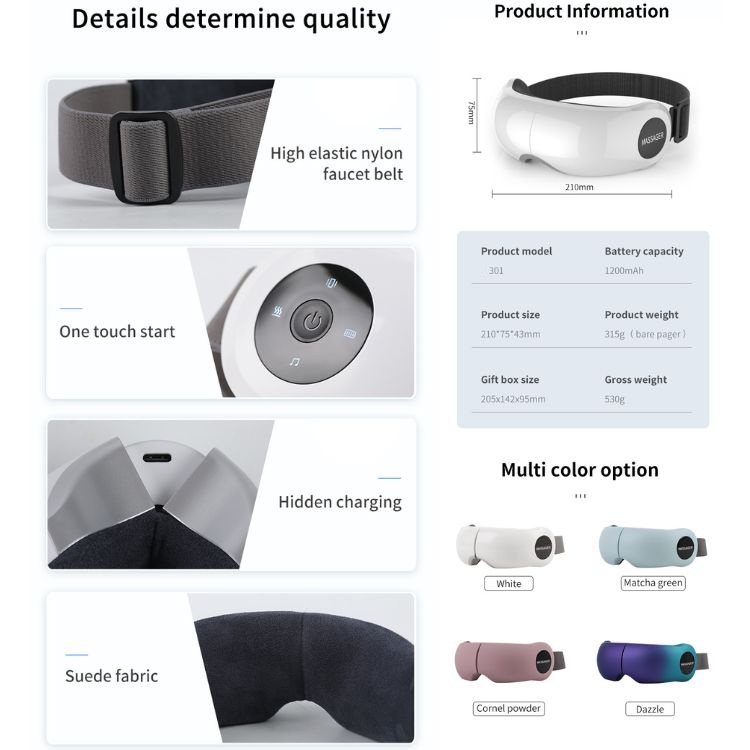 Portable Eye Massager 3D Airbag Kneading Graphene Heat 5 Modes Bluetooth Music Foldable USB Rechargeable 1200mAh LED Display