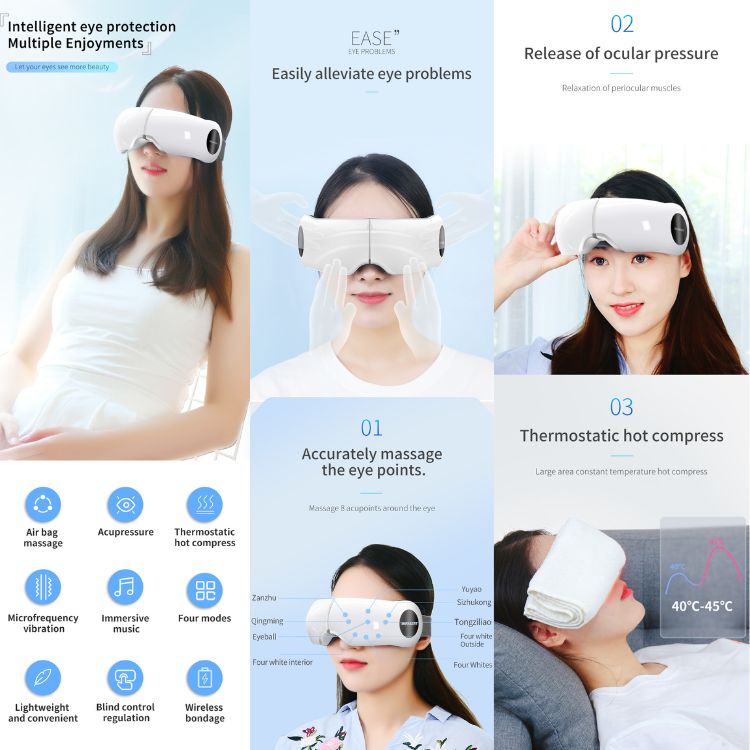 Portable Eye Massager 3D Airbag Kneading Graphene Heat 5 Modes Bluetooth Music Foldable USB Rechargeable 1200mAh LED Display