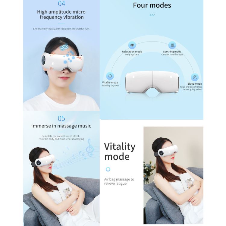 Portable Eye Massager 3D Airbag Kneading Graphene Heat 5 Modes Bluetooth Music Foldable USB Rechargeable 1200mAh LED Display