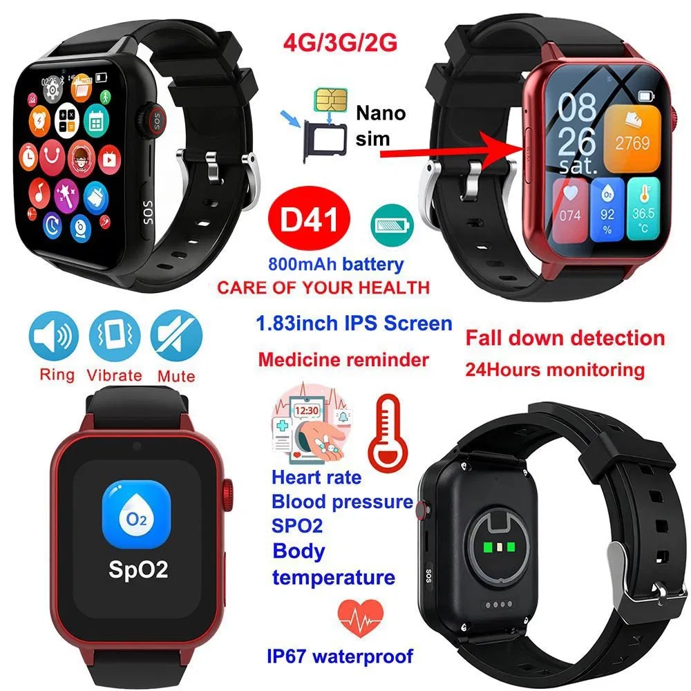 China manufacture 4G IP67 waterproof Beauty elderly smart watch GPS tracker device with HR BP SPO2 SOS emergency call fall down detection D41