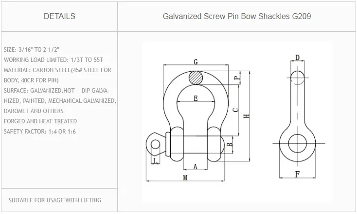 Galvanized Screw Pin Bow Shackles G209 Front View