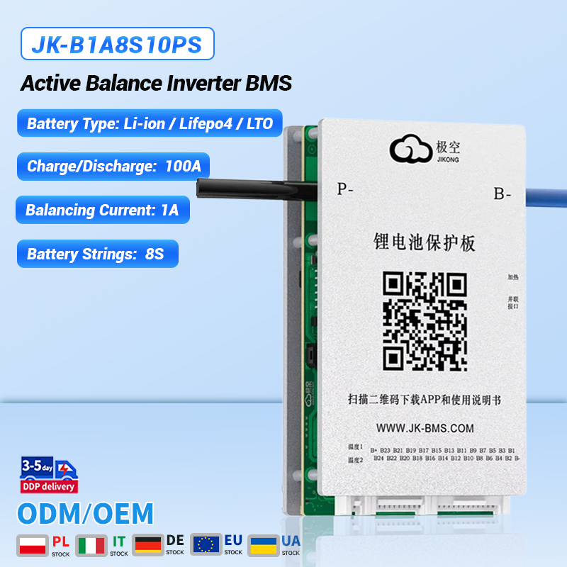 نظام إدارة بطارية Jk BMS 1A موازن نشط العاكس BMS 4-8s 24V 48V BMS LiFePO4 100A/200A/300A مع Bt/Can/RS485