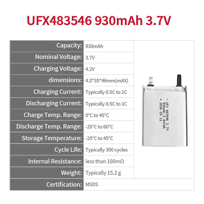 بطارية ليثيوم بوليمر قابلة لإعادة الشحن Ufx483546 3.7V 930mAh للطاقة المحمولة