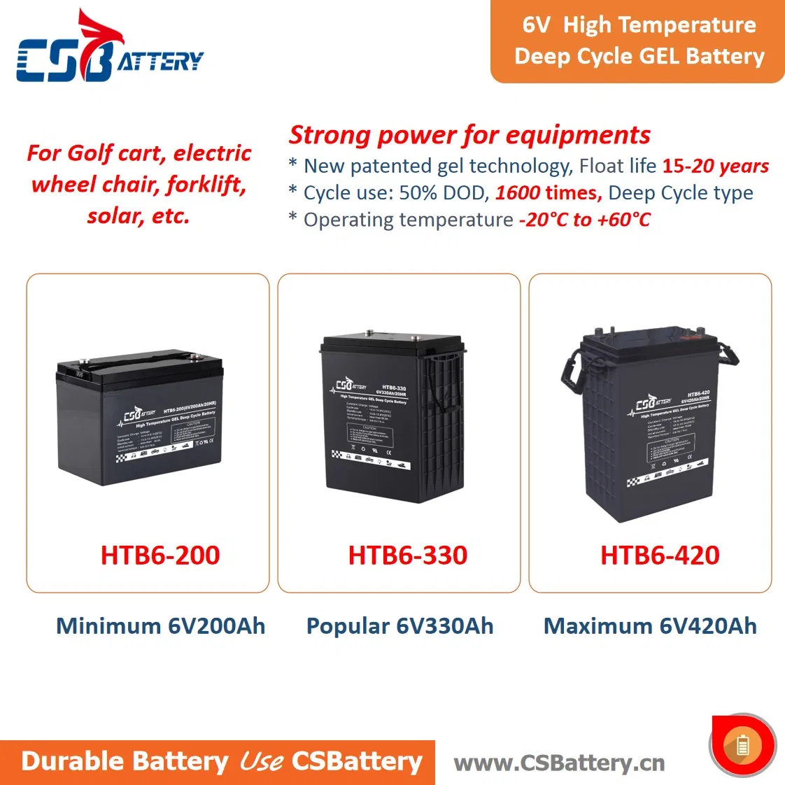 بطارية جل احتياطية Csbattery 6V 330ah لنظام التحكم الآلي في محطة الطاقة للاتصالات/ Csb/ AAA