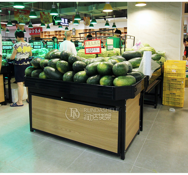Customizable Medium Duty Double-Sided Fruit & Vegetable Display Rack Supermarket Use Wood+Steel Materials 60KG Capacity