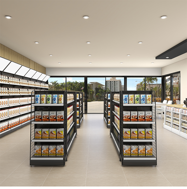 Single-Sided Supermarket Display Rack Light and Heavy Duty Metal Shelf Cheap Steel Design for Grocery Store