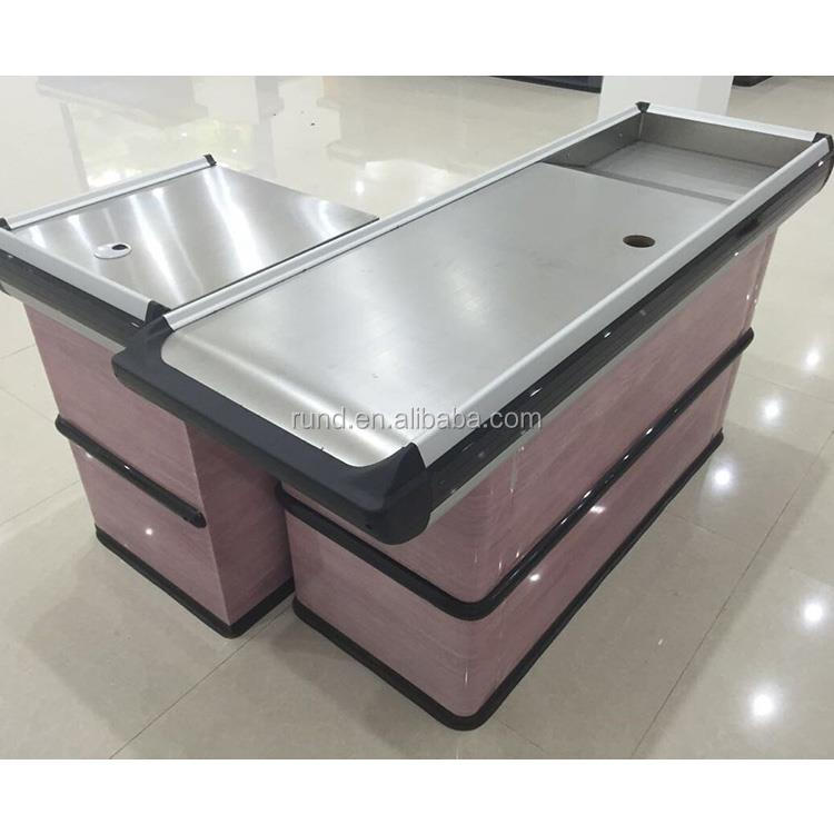Steel Cash Register Checkout Counters with Corner Rack for Supermarket and Retail Store Use