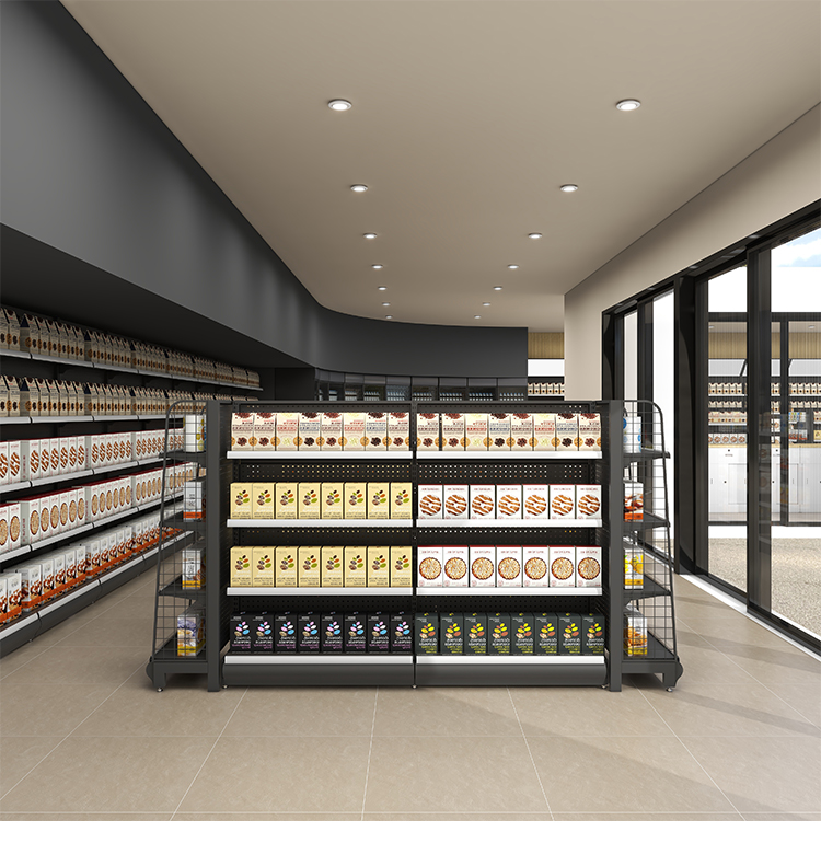 Single-Sided Supermarket Display Rack Light and Heavy Duty Metal Shelf Cheap Steel Design for Grocery Store