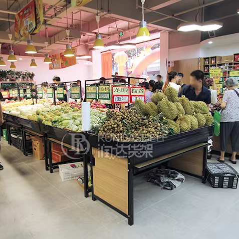 Customizable Medium Duty Double-Sided Fruit & Vegetable Display Rack Supermarket Use Wood+Steel Materials 60KG Capacity