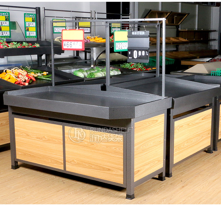 Customizable Medium Duty Double-Sided Fruit & Vegetable Display Rack Supermarket Use Wood+Steel Materials 60KG Capacity