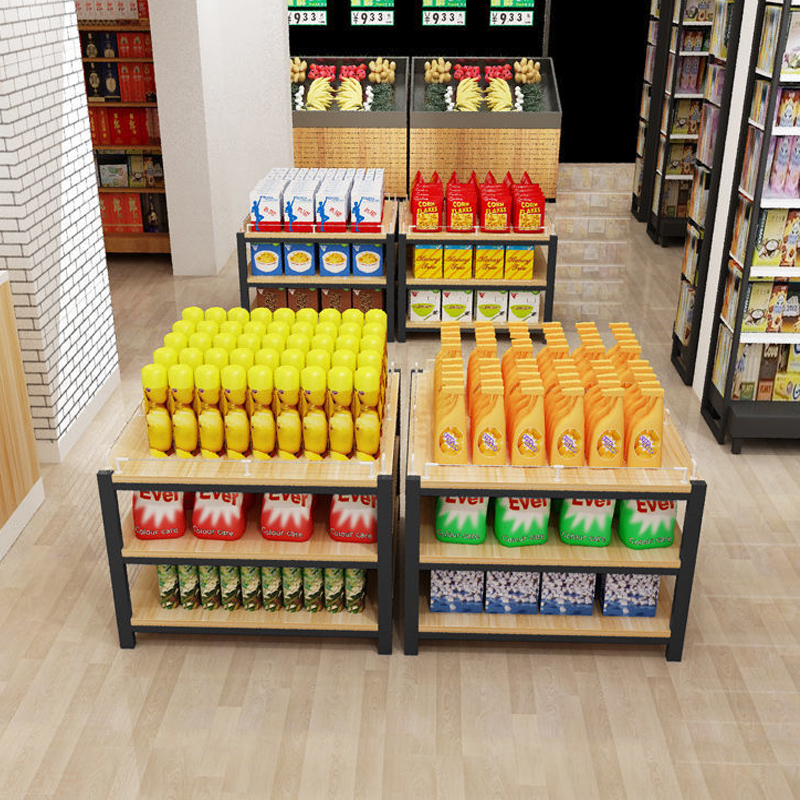 Supermarket Promotion Stack Display Shelf Chemical Washing Stack Head Rack Daily Steel and Wood Shelves Milk, Grain and Oil