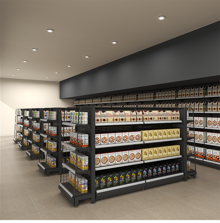 Single-Sided Supermarket Display Rack Light and Heavy Duty Metal Shelf Cheap Steel Design for Grocery Store