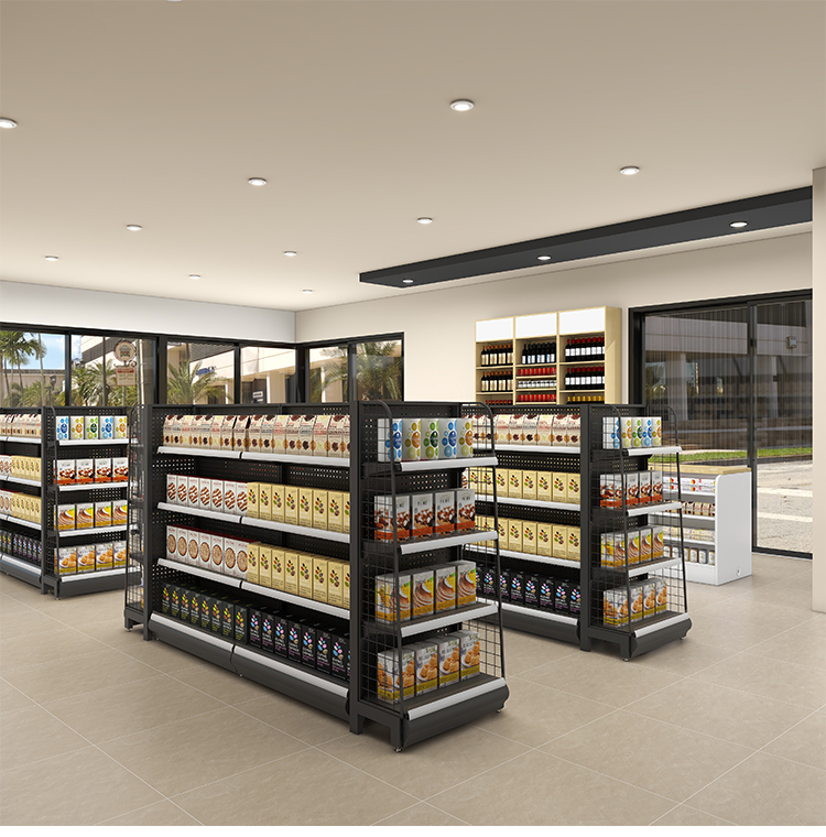 Single-Sided Supermarket Display Rack Light and Heavy Duty Metal Shelf Cheap Steel Design for Grocery Store