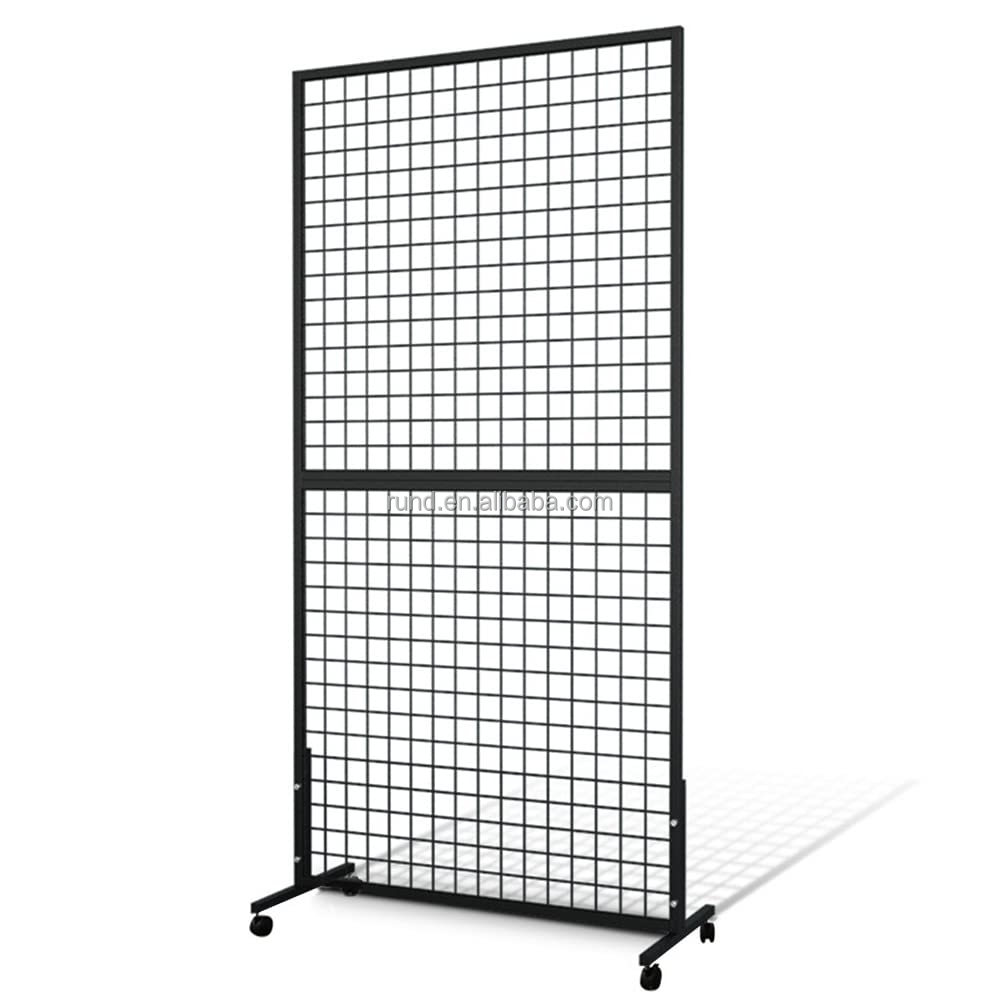 Black Wire Gridwall Two-Double T-Base Tower Floorstanding Supermarket Rack for Craft Fair Display Art Rack Made of Steel