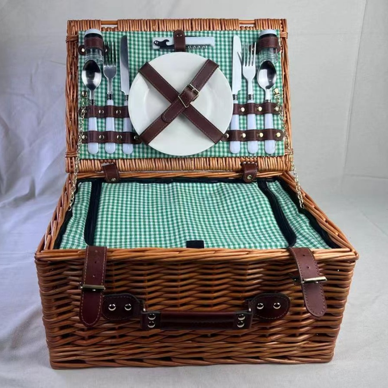 Luxury Handcrafted Picnic Basket Gift Set for Four with Wooden Accents