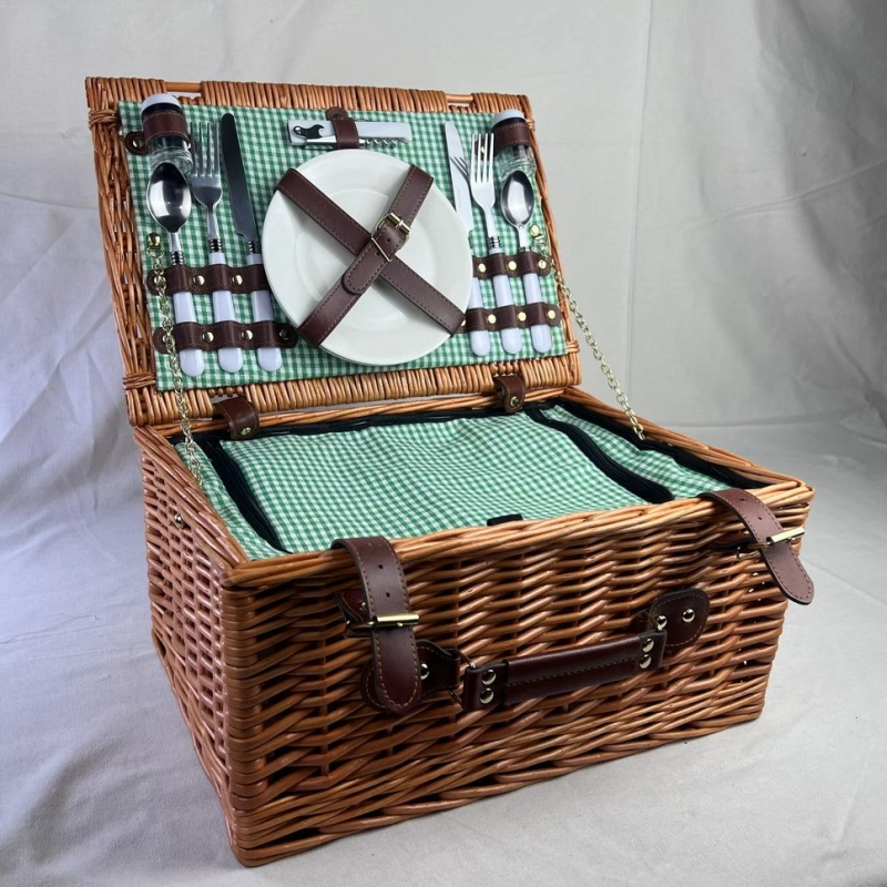 Luxury Handcrafted Picnic Basket Gift Set for Four with Wooden Accents