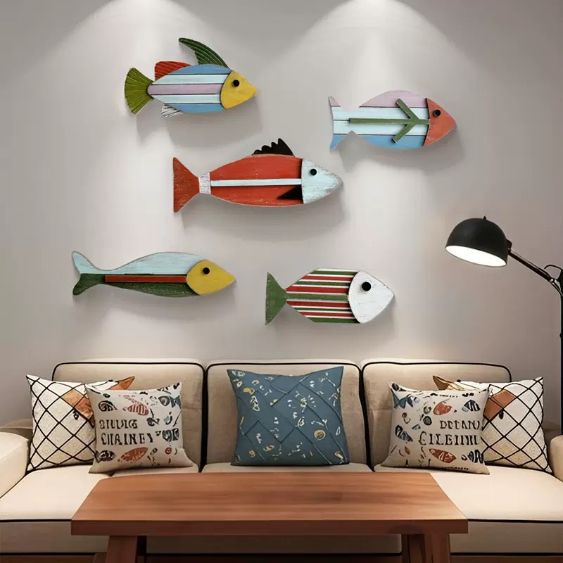 Guangdong Factory Wholesale Custom Ocean Country Wooden Modern Panel Fish Sailboat Wall Hanging Art Craft Decor for Living Dining Room Home Hotel Decoration