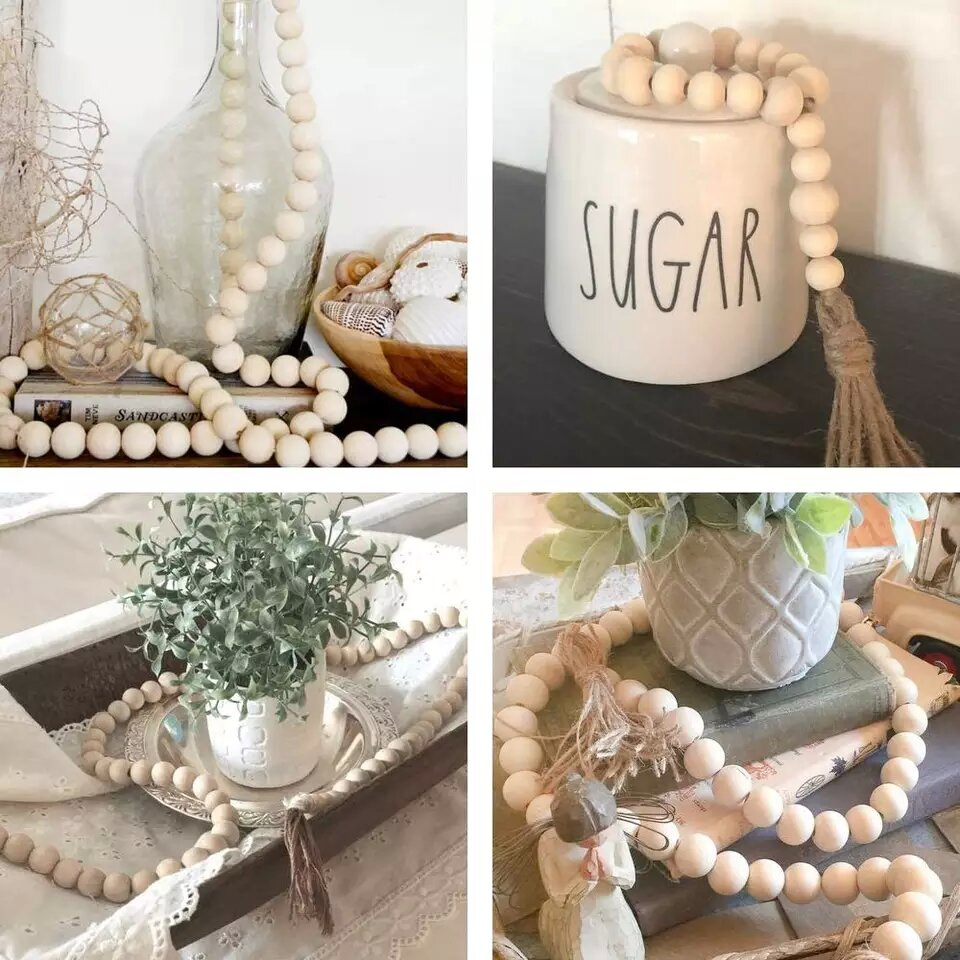 Natural Wood Nordic Home Decor Farmhouse Rustic Crafts Natural Wooden Bead Garland with Tassels