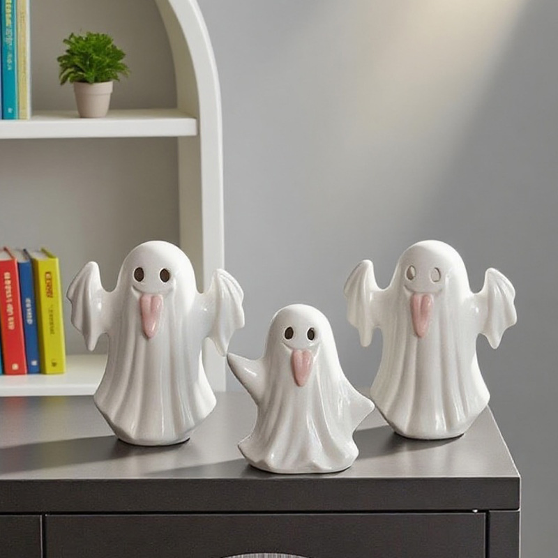 Halloween Ceramic Ghost Candle Holder Light, Cute Ghost-Shaped Ceramic Decorative Craft