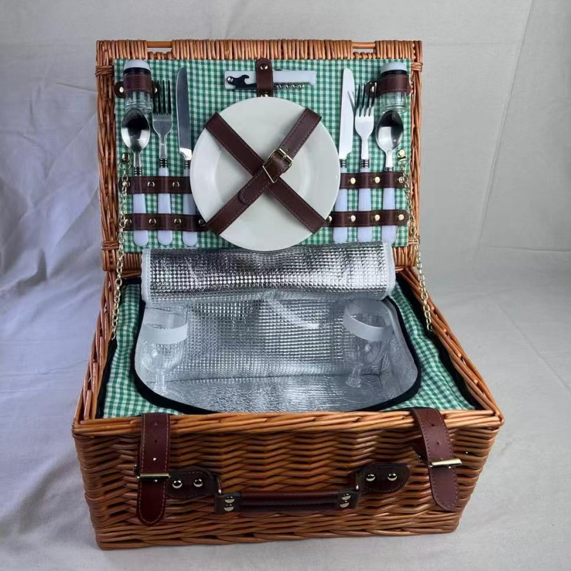 Luxury Handcrafted Picnic Basket Gift Set for Four with Wooden Accents