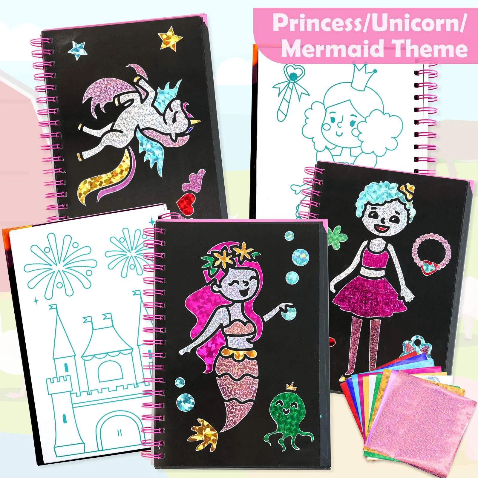 Art Craft Activity for Kids: Fun Foil Princess &amp; Unicorn DIY Toy Kit No Mess Creative Idea Birthday Christmas Gift