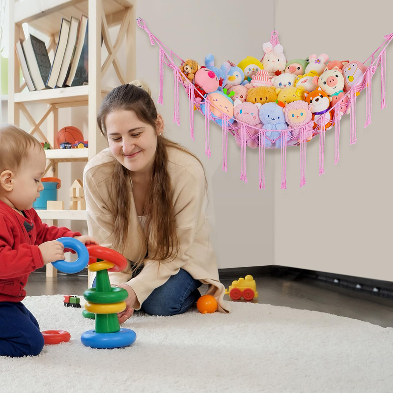 Mounted Handmade Toy Holder Stuffed Net Hammock Display Toy Storage Macrame Art Wall Decor for Home Wall Living Room