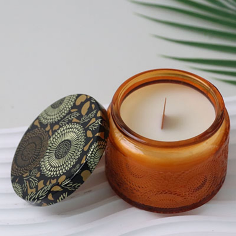 Exquisite Embossed Amber Glass Jar Candles with Floral Print Lid for Boho Home Decor &amp; Aesthetic Gifts Scented Candle