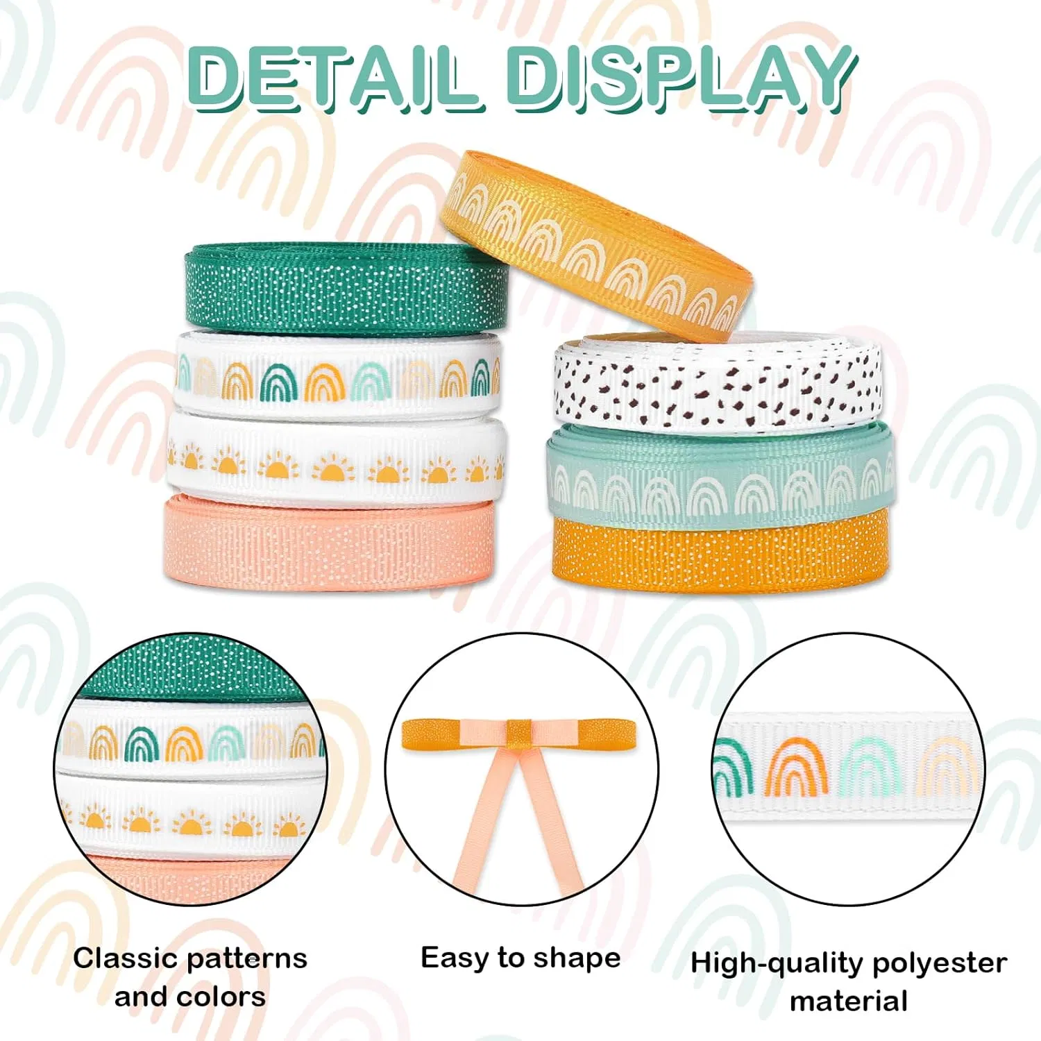 Boho Rainbow Ribbon 40 Yards 0.4 Inch Rainbow Themed Grosgrain Ribbon Colorful Boho Fabric Craft Ribbon for Wreath Bow Making Gift Wrapping Decor DIY Crafts