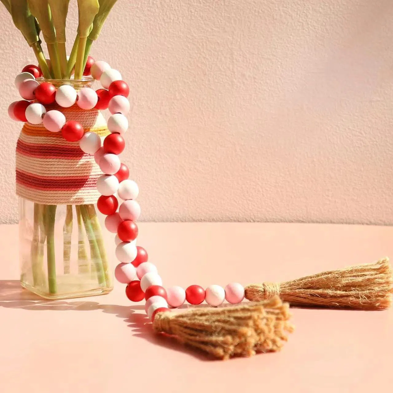 Wooden Garland Wood Prayer Bead Garland with Tassels Boho Rustic Accented Home Dé Cor Country Style Hanging Beads