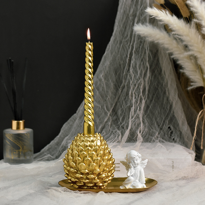 Polyresin Christmas Decorative Tabletop Gold Silver Pinecone Pillar Candle Holder