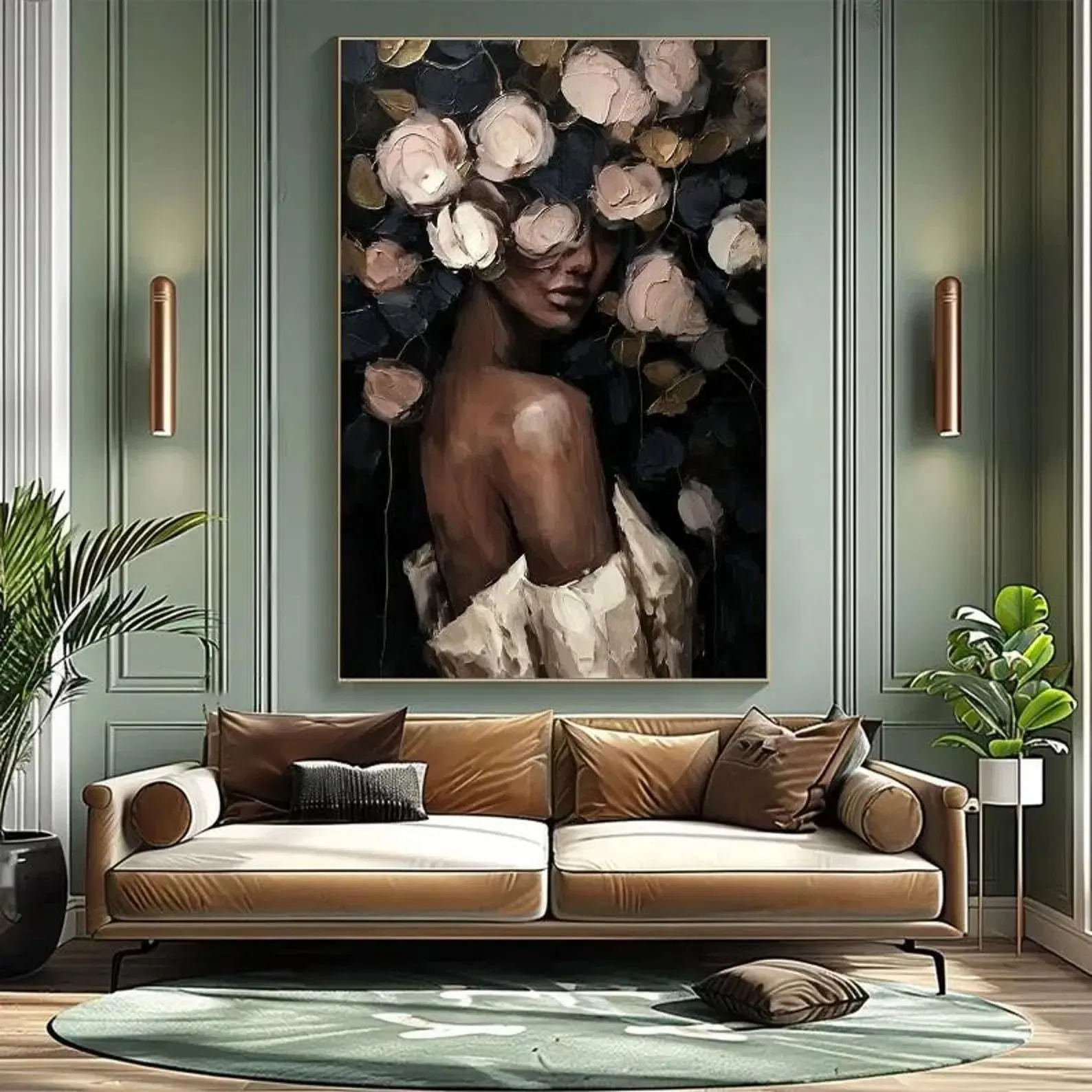 Abstract Woman Face Flower Oil Painting Boho with Textured Roses Home Decor