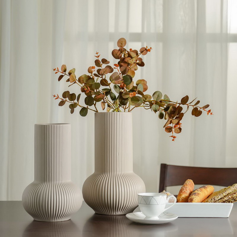 Modern Minimalist Ribbed Ceramic Vase Set Waterproof Neutral Nordic Home Decor Decorative Flower Vase for Living Room Table Centerpiece