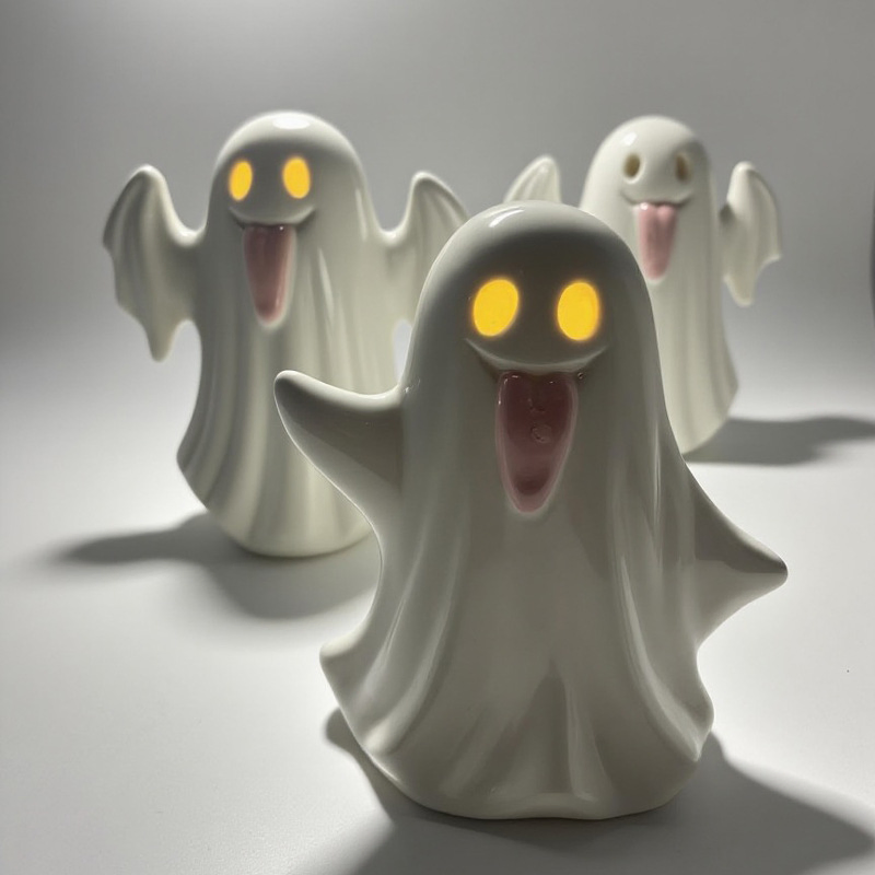 Halloween Ceramic Ghost Candle Holder Light, Cute Ghost-Shaped Ceramic Decorative Craft