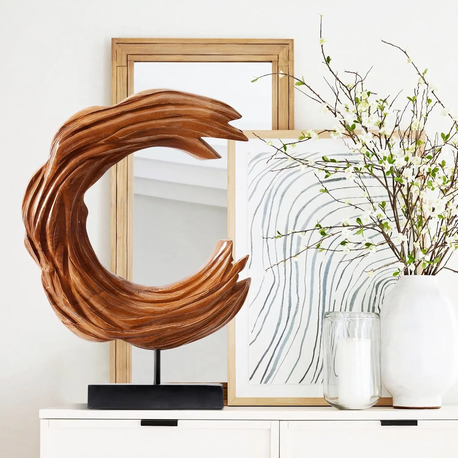 Handmade Teak Wood Ocean Wave Sculpture Art Decor for Home &amp; Office