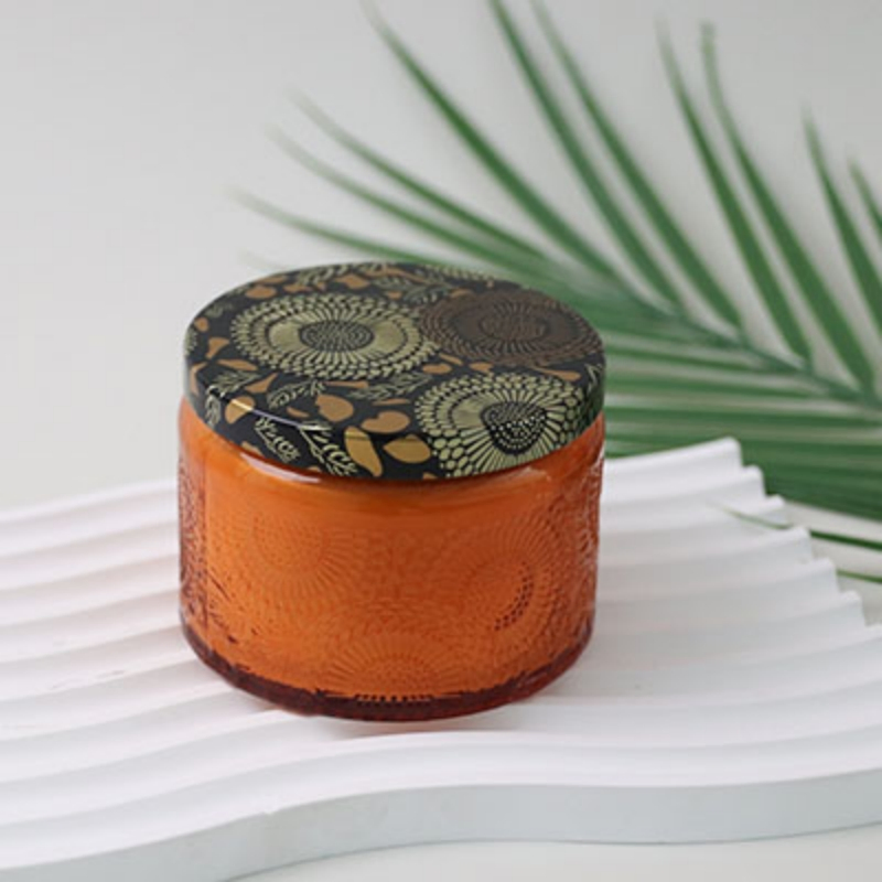 Exquisite Embossed Amber Glass Jar Candles with Floral Print Lid for Boho Home Decor &amp; Aesthetic Gifts Scented Candle