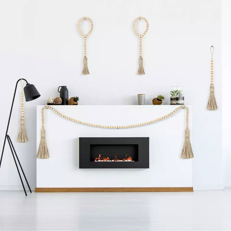 Rustic Nature Decorative Wooden Heart Beads Garland Country Decor Prayer Boho Beads Wall Hanging Decoration