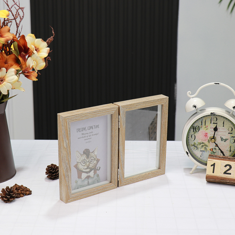Double Glass Solid Wood Floating Photo Picture Frame for Tabletop Ornaments Rustic Home Decor