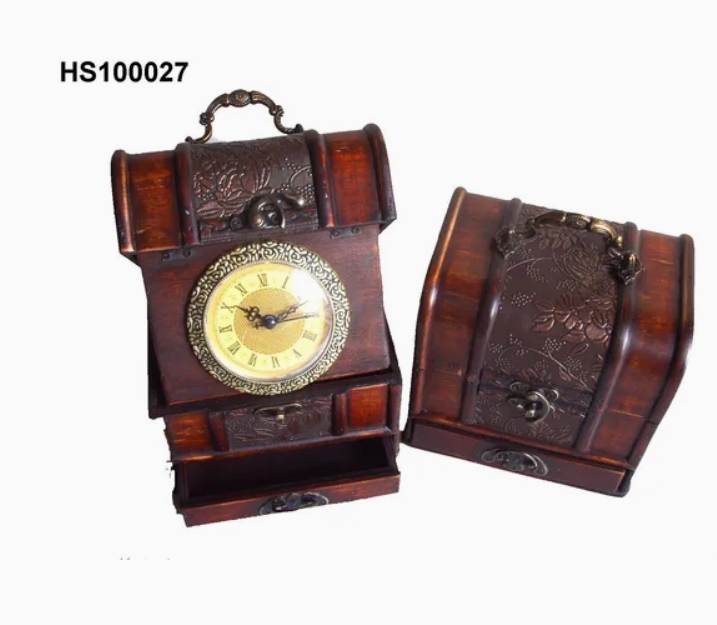 Antique Tabletop Clock &amp; Jewelry Organizer Box Craft Clock with Drawer (HS100026) Vintage Wooden Decorative Clock with Storage Compartment