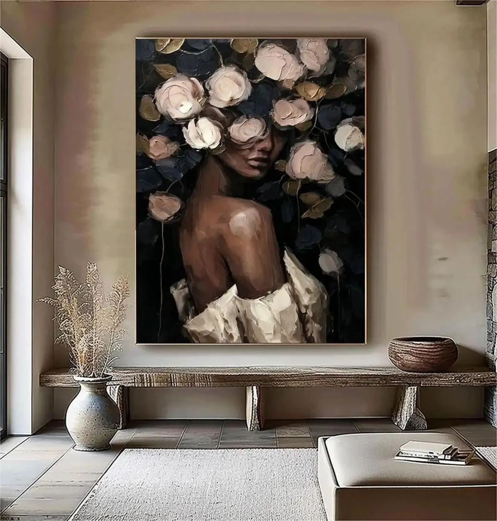 Abstract Woman Face Flower Oil Painting Boho with Textured Roses Home Decor