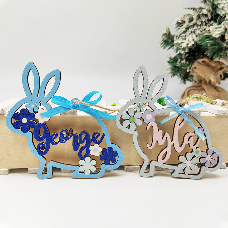 Easter Wooden Door Sign Cartoon Rabbit Door Wall Hanging Wood Plaque Pendant Easter Ornament Holiday Home Decor Wooden Craft